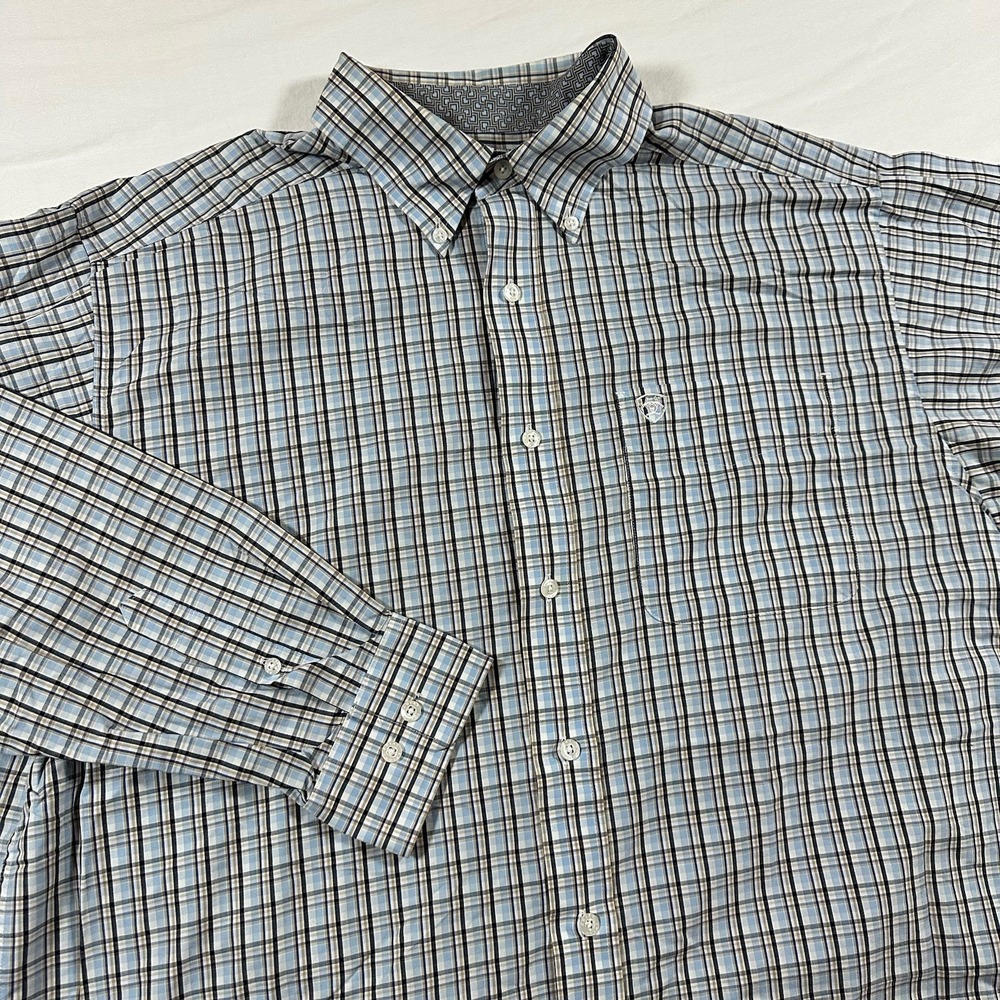 Ariat Wrinkle Free Shirt Men's Large White Blue Plaid Button Down Long Sleeve